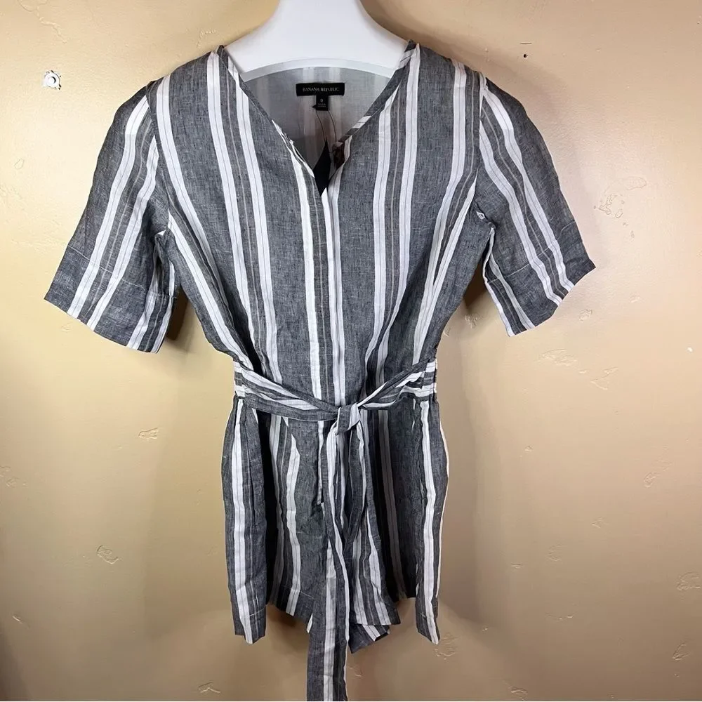 NWT Banana Republic Cotton-Linen Romper Womens Size 0 Blue White Nautical Stripe